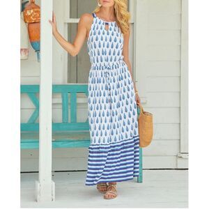 Cabana Life Blue White Delray Keyhole Sleeveless Tie Waist Maxi Dress Small